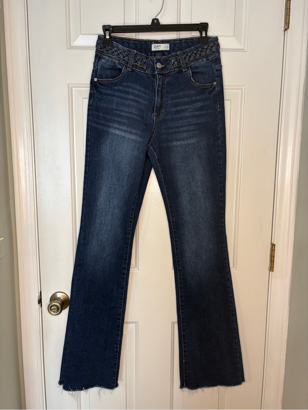 Oat New York Dark Blue Braided Waist Flare Jeans Raw Hem